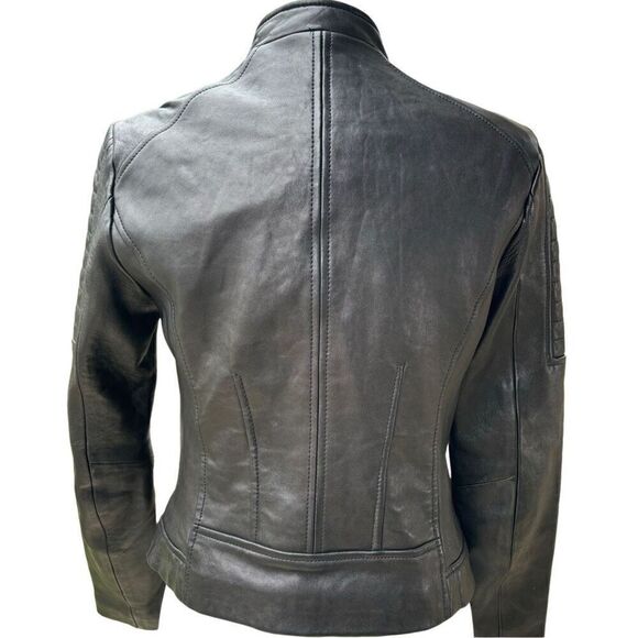 Wilsons Genuine Leather Motor Jacket Black Full Zip Quilted Shoulder Size XS VTG - Picture 6 of 12